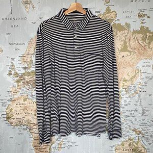 J Crew Nautical Navy/White Striped Long Sleeved Slub Cotton Polo Size Large
